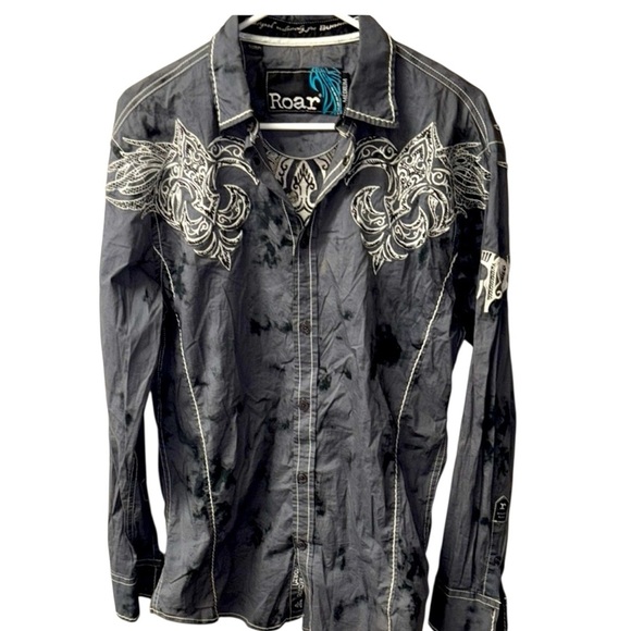 Roar Charcoal Burout biker Embroidered Long Sleeve Shirt - Picture 1 of 8